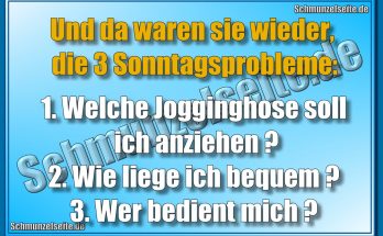 Und da waren sie wieder, die 3 Sonntagsprobleme: 1. Welche Jogginghose soll ich anziehen? 2. Wie liege ich bequem? 3. Wer bedient mich?