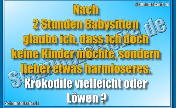 Nach 2 Stunden Babysitten glaube ich, dass ich doch keine Kinder möchte, sondern lieber etwas harmloseres. Krokodile vielleicht oder Löwen?