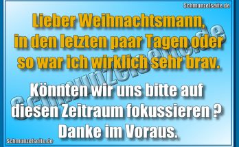 Lieber Weihnachtsmann, in den letzten paar Tagen oder so war ich wirklich sehr brav. Könnten wir uns bitte auf diesen Zeitraum fokussieren? Danke im Voraus.
