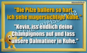 "Die Pilze ballern so hart, ich sehe magersüchtige Kühe." "Kevin, iss endlich deine Champignons auf und lass unsere Dalmatiner in Ruhe."