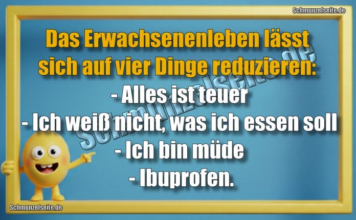 Das Erwachsenenleben lässt sich auf vier Dinge reduzieren: - Alles ist teuer - Ich weiß nicht, was ich essen soll - Ich bin müde - Ibuprofen.