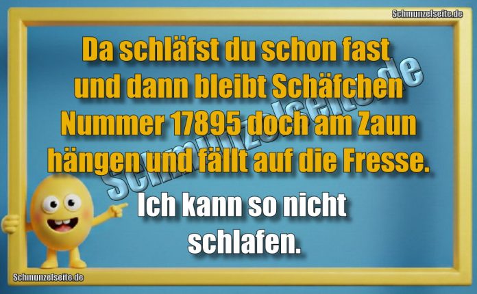 Da schläfst du schon fast und dann bleibt Schäfchen Nummer 17895 doch am Zaun hängen und fällt auf die Fresse. Ich kann so nicht schlafen.