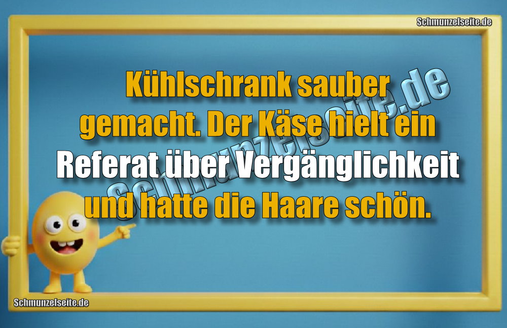 Kühlschrank sauber gemacht. Der Käse hielt ein Referat über Vergänglichkeit und hatte die Haare schön.