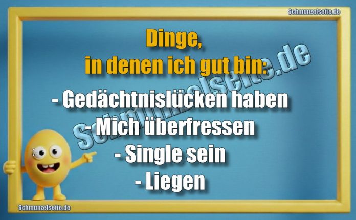 Dinge, in denen ich gut bin: - Gedächtnislücken haben - Mich überfressen - Single sein - Liegen