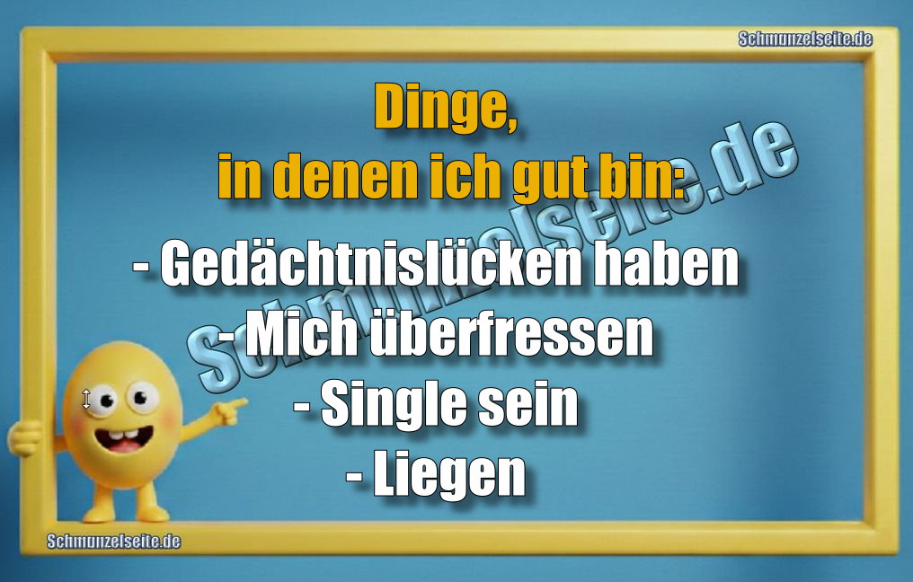 Dinge, in denen ich gut bin: - Gedächtnislücken haben - Mich überfressen - Single sein - Liegen