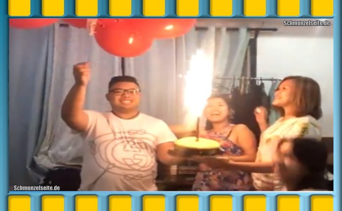 Was für eine tolle Geburtstagsüberraschung. Heftige Ballonexplosion.