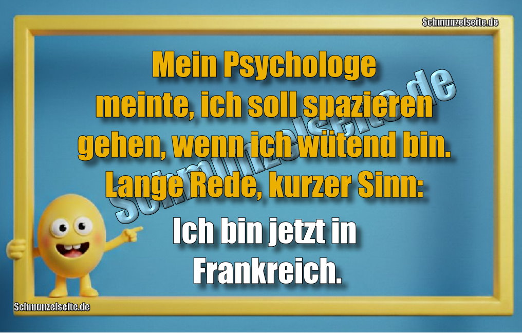 Mein Psychologe meinte, ich soll spazieren gehen, wenn ich wütend bin. Lange Rede, kurzer Sinn: Ich bin jetzt in Frankreich.