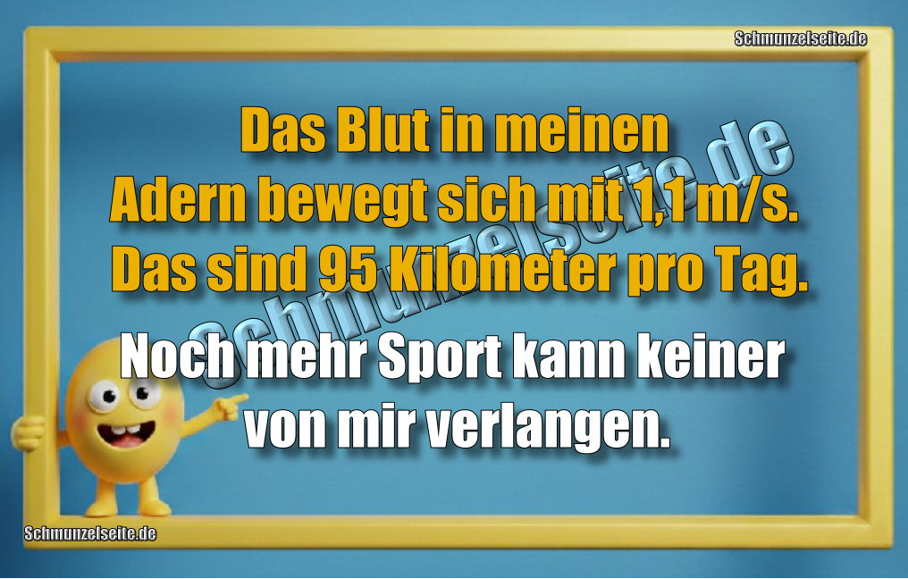 Das Blut in meinen Adern bewegt sich mit 1,1 m/s. Das sind 95 Kilometer pro Tag. Noch mehr Sport kann keiner von mir verlangen.