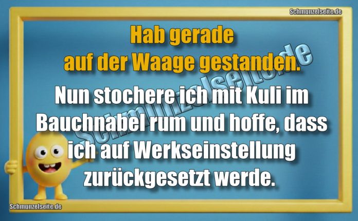 Hab gerade auf der Waage gestanden. Nun stochere ich mit Kuli im Bauchnabel rum und hoffe, dass ich auf Werkseinstellung zurückgesetzt werde.