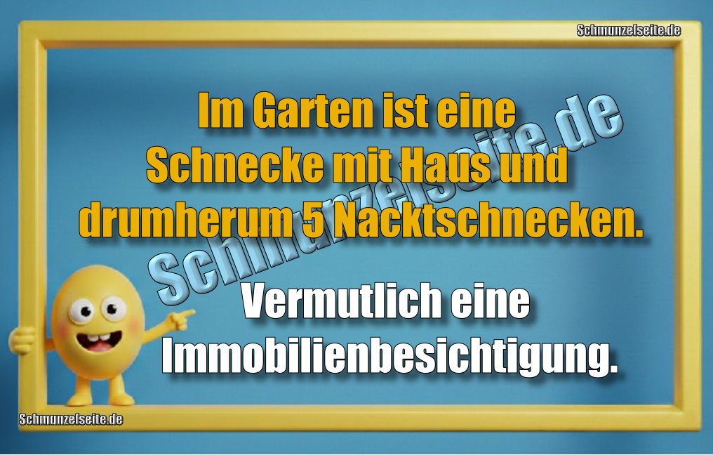 Im Garten ist eine Schnecke mit Haus und drumherum 5 Nacktschnecken. Vermutlich eine Immobilienbesichtigung.