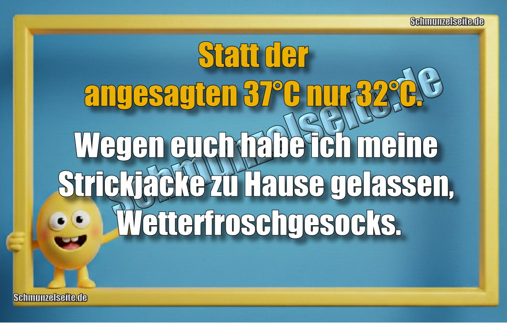 Statt der angesagten 37°C nur 32°C. Wegen euch habe ich meine Strickjacke zu Hause gelassen, Wetterfroschgesocks.