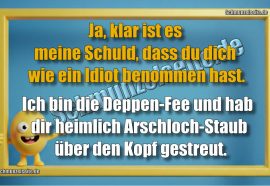 Ja, klar ist es meine Schuld, dass du dich wie ein Idiot benommen hast. Ich bin die Deppen-Fee und hab dir heimlich Arschloch-Staub über den Kopf gestreut.