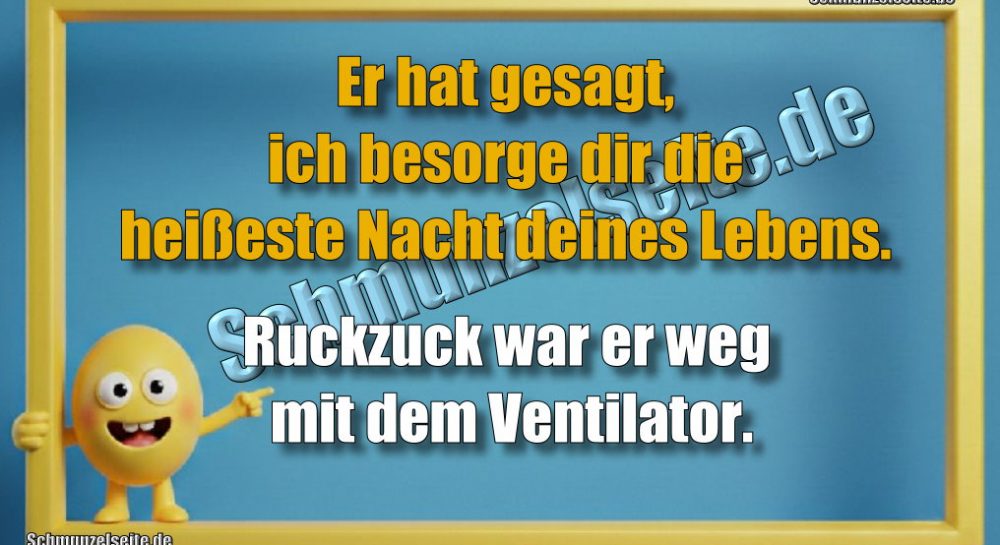 Er hat gesagt, ich besorge dir die heißeste Nacht deines Lebens. Ruckzuck war er weg mit dem Ventilator.