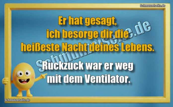 Er hat gesagt, ich besorge dir die heißeste Nacht deines Lebens. Ruckzuck war er weg mit dem Ventilator.