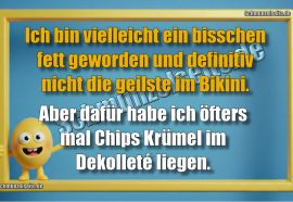 Ich bin vielleicht ein bisschen fett geworden und definitiv nicht die geilste im Bikini. Aber dafür habe ich öfters mal Chips Krümel im Dekolleté liegen.