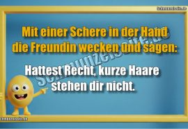 Mit einer Schere in der Hand die Freundin wecken und sagen: Hattest Recht, kurze Haare stehen dir nicht.