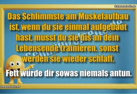 Das Schlimmste am Muskelaufbau ist, wenn du sie einmal aufgebaut hast, musst du sie bis an dein Lebensende trainieren. sonst werden sie wieder schlaff. Fett würde dir sowas niemals antun.