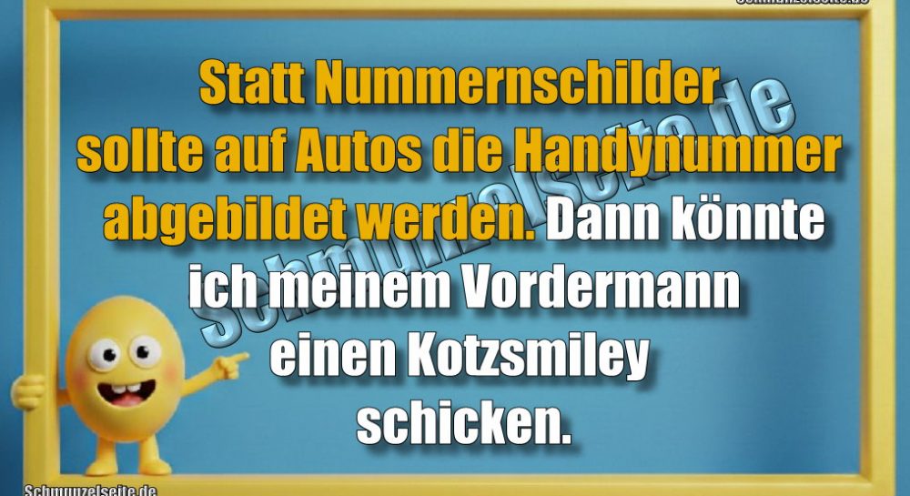 Statt Nummernschilder sollte auf Autos die Handynummer abgebildet werden. Dann könnte ich meinem Vordermann einen Kotzsmiley schicken.
