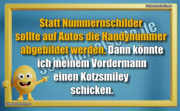 Statt Nummernschilder sollte auf Autos die Handynummer abgebildet werden. Dann könnte ich meinem Vordermann einen Kotzsmiley schicken.