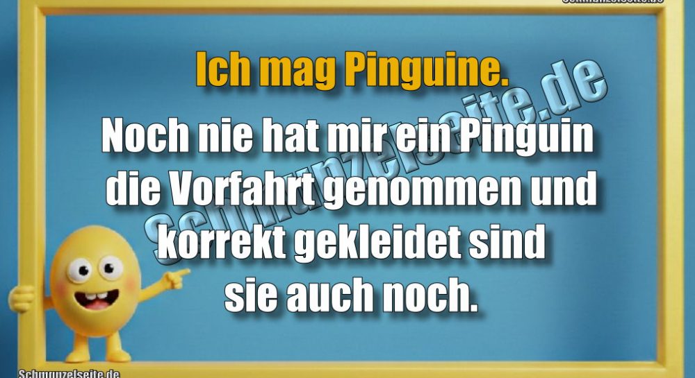Ich mag Pinguine. Noch nie hat mir ein Pinguin die Vorfahrt genommen und korrekt gekleidet sind sie auch noch.