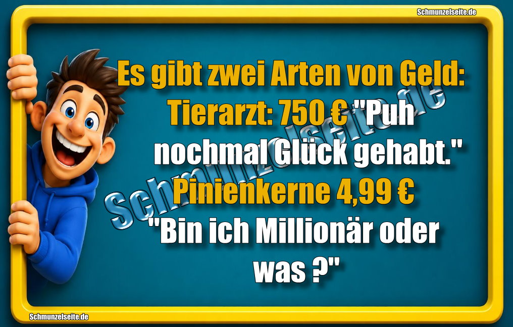 Es gibt zwei Arten von Geld: Tierarzt: 750 €, "Puh nochmal Glück gehabt." Pinienkerne 4,99 € "Bin ich Millionär oder was?"