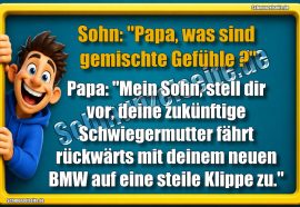 Sohn: "Papa, was sind gemischte Gefühle?" Papa: " Mein Sohn, stell dir vor, deine zukünftige Schwiegermutter fährt rückwärts mit deinem neuen BMW auf eine steile Klippe zu."