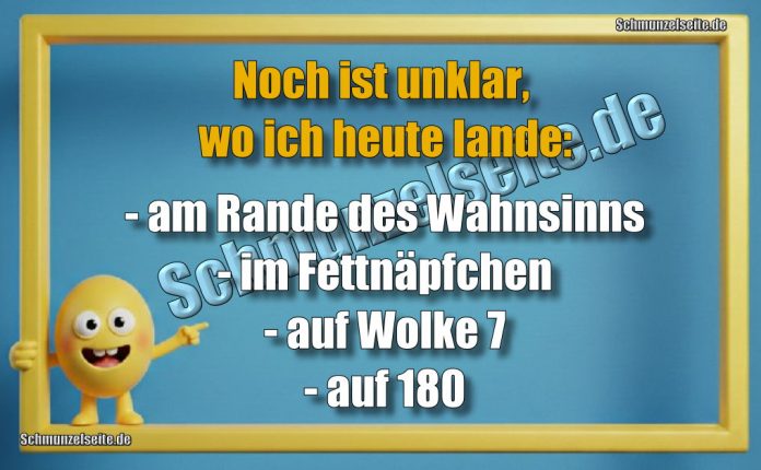 Noch ist unklar, wo ich heute lande: - am Rande des Wahnsinns - im Fettnäpfchen - auf Wolke 7 - auf 180