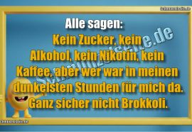 Alle sagen: Kein Zucker, kein Alkohol, kein Nikotin, kein Kaffee, aber wer war in meinen dunkelsten Stunden für mich da. Ganz sicher nicht Brokkoli.