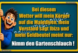 Bei diesem Wetter will mein Körper auf die Malediven, mein Verstand sagt Ibiza und mein Geldbeutel meint nur: Nimm den Gartenschlauch!