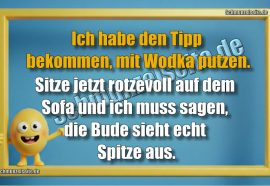 Ich habe den Tipp bekommen, mit Wodka putzen. Sitze jetzt rotzevoll auf dem Sofa und ich muss sagen, die Bude sieht echt Spitze aus.