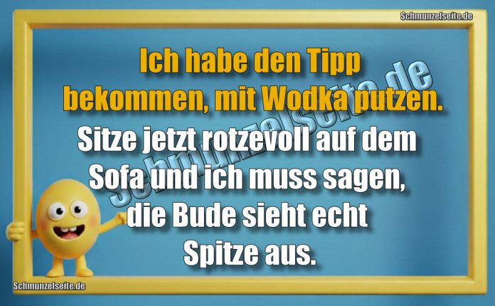 Ich habe den Tipp bekommen, mit Wodka putzen. Sitze jetzt rotzevoll auf dem Sofa und ich muss sagen, die Bude sieht echt Spitze aus.