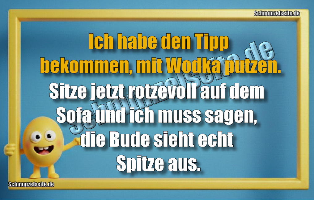 Ich habe den Tipp bekommen, mit Wodka putzen. Sitze jetzt rotzevoll auf dem Sofa und ich muss sagen, die Bude sieht echt Spitze aus.