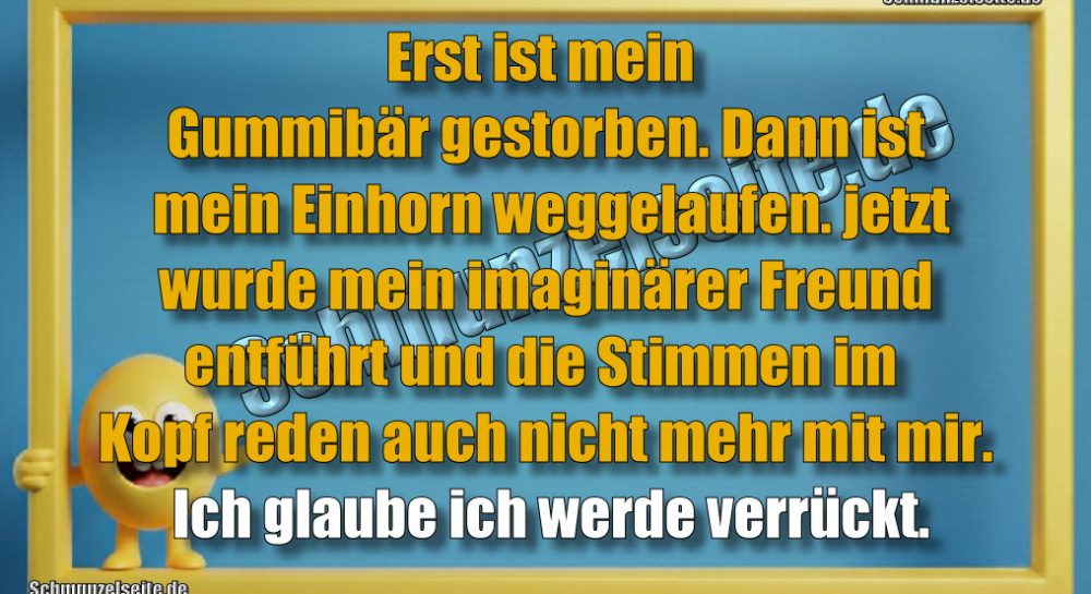 Erst ist mein Gummibär gestorben. Dann ist mein Einhorn weggelaufen. jetzt wurde mein imaginärer Freund entführt und die Stimmen im Kopf reden auch nicht mehr mit mir. Ich glaube ich werde verrückt.