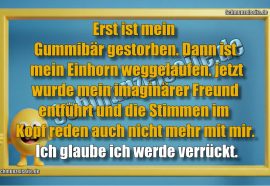 Erst ist mein Gummibär gestorben. Dann ist mein Einhorn weggelaufen. jetzt wurde mein imaginärer Freund entführt und die Stimmen im Kopf reden auch nicht mehr mit mir. Ich glaube ich werde verrückt.