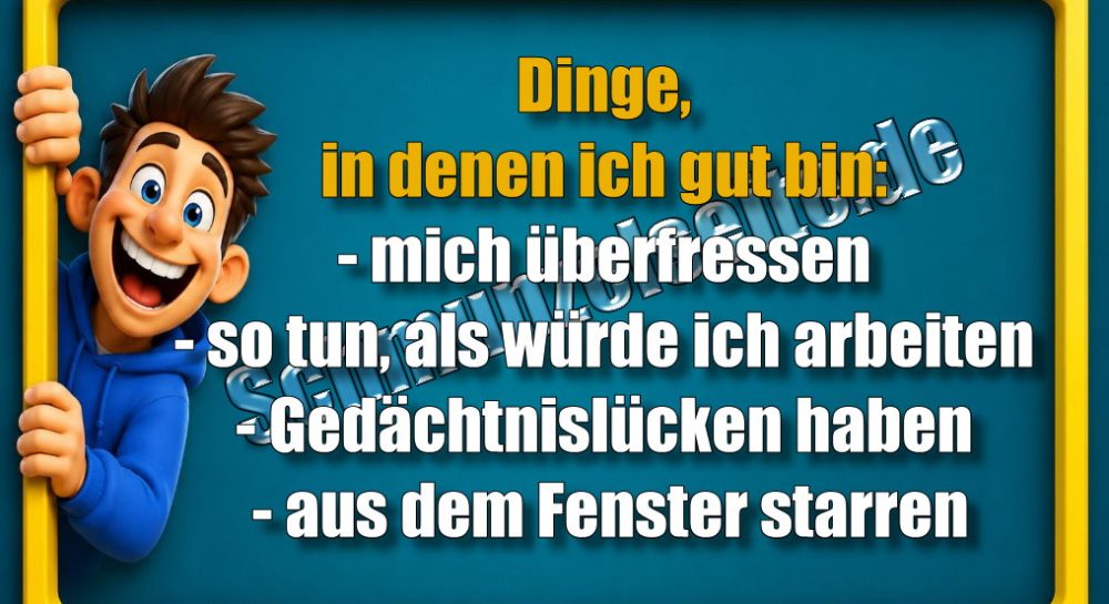 Dinge, in denen ich gut bin: - mich überfressen - so tun, als würde ich arbeiten - Gedächtnislücken haben - aus dem Fenster starren