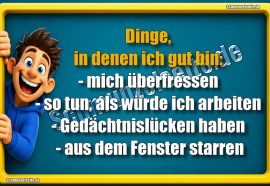 Dinge, in denen ich gut bin: - mich überfressen - so tun, als würde ich arbeiten - Gedächtnislücken haben - aus dem Fenster starren