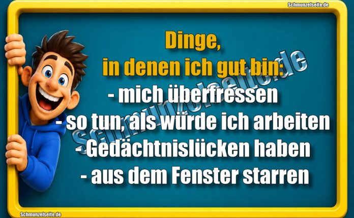 Dinge, in denen ich gut bin: - mich überfressen - so tun, als würde ich arbeiten - Gedächtnislücken haben - aus dem Fenster starren