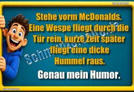 Stehe vorm McDonalds. Eine Wespe fliegt durch die Tür rein, kurze Zeit später fliegt eine dicke Hummel raus. Genau mein Humor.
