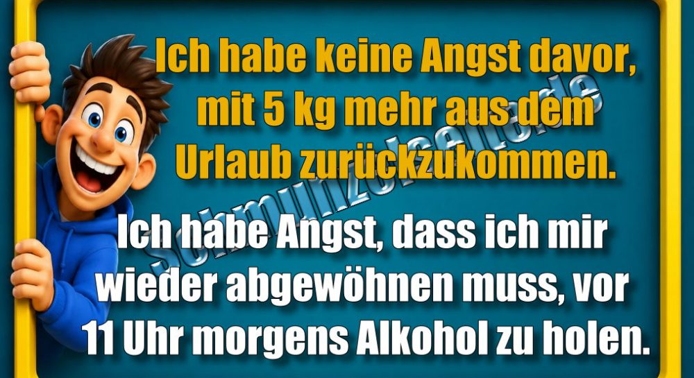 Ich habe keine Angst davor, mit 5 kg mehr aus dem Urlaub zurückzukommen. Ich habe Angst, dass ich mir wieder abgewöhnen muss, vor 11 Uhr morgens Alkohol zu holen.