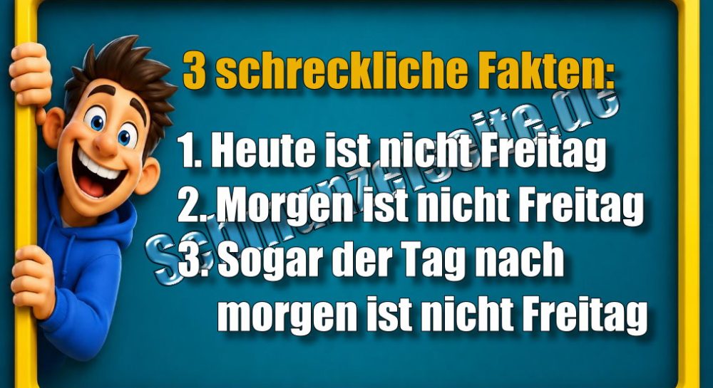 3 schreckliche Fakten: 1. Heute ist nicht Freitag 2. Morgen ist nicht Freitag 3. Sogar der Tag nach morgen ist nicht Freitag