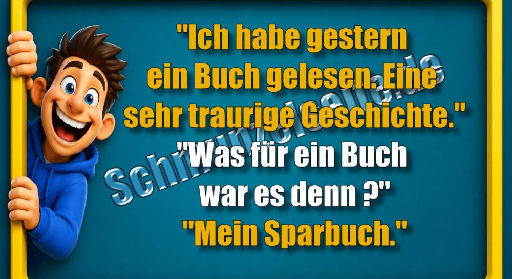 "Ich habe gestern ein Buch gelesen. Eine sehr traurige Geschichte." "Was für ein Buch war es denn?" "Mein Sparbuch."